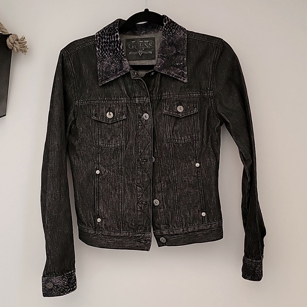 GUESS Black Denim Jacket with Pattern trim